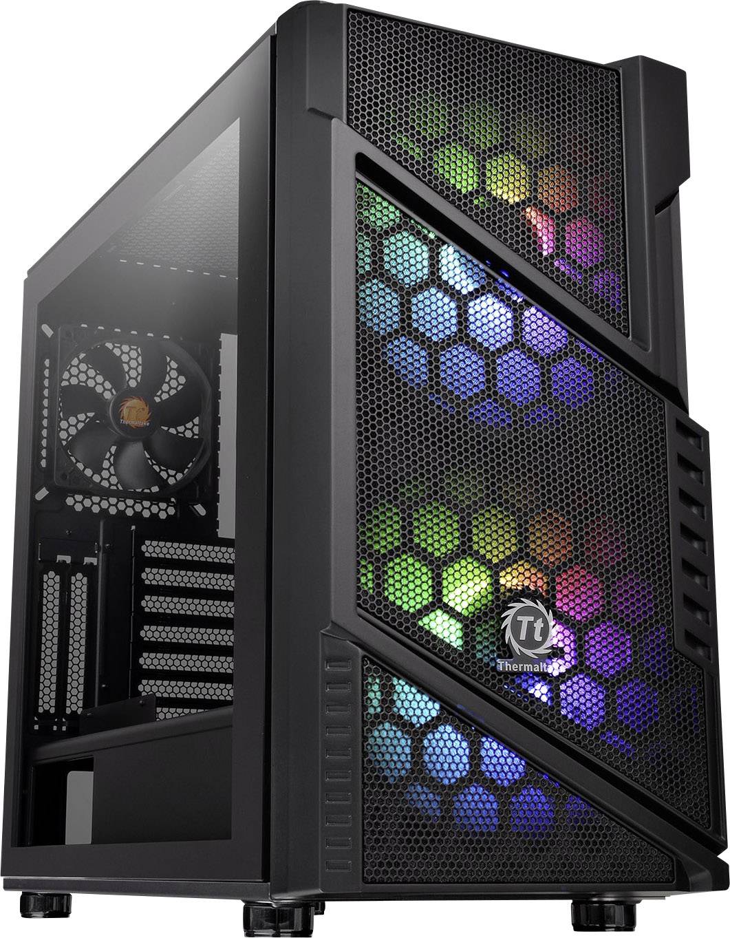 Computerkabinet med transparent sidepanel viser farverig LED-belysning. Forsiden og blæserne er synlige.
