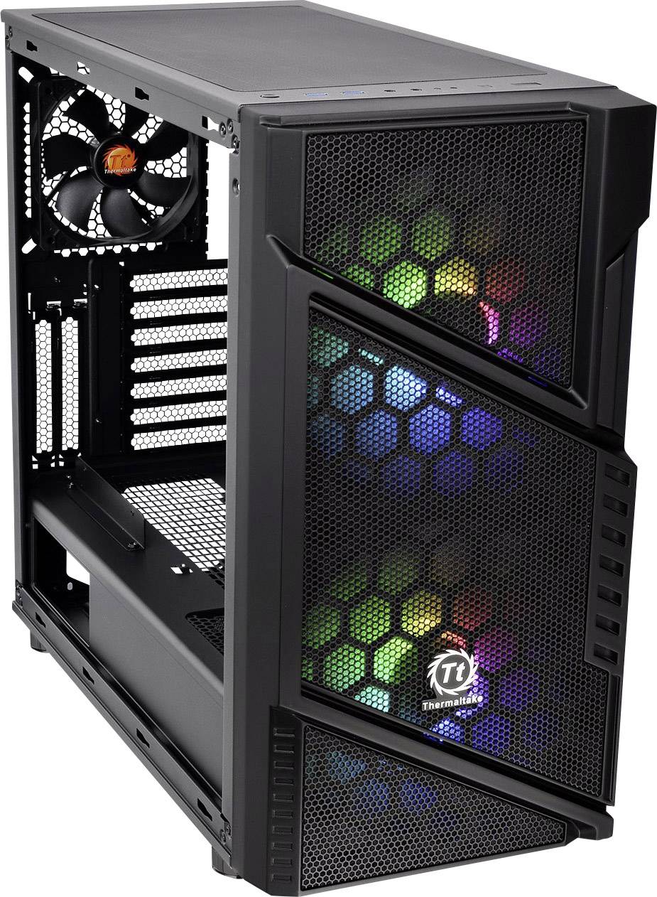 Sort PC-kabinet med honeycomb-gitterdesign og RGB-belyste blæsere, velegnet til gaming eller højtydende computerbyggeprojekter.