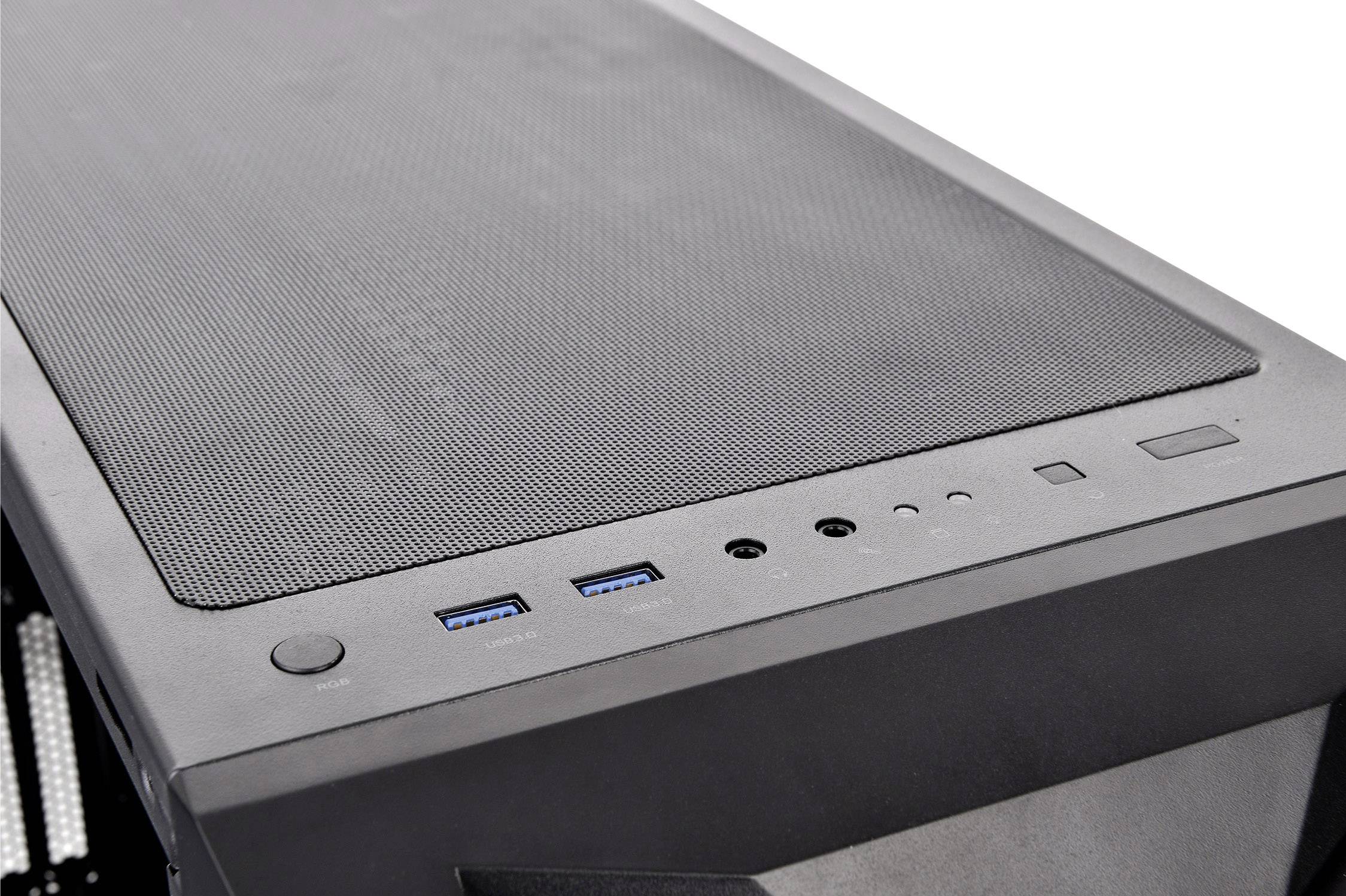 Et computerkabinet med to USB 3.0-porte, lydstik og en tænd/sluk-knap øverst.