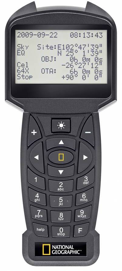 Fjernbetjening med display viser dato '2009-09-22', klokkeslæt '08:13:43' og stedoplysninger. Taster til forskellige funktioner er synlige.