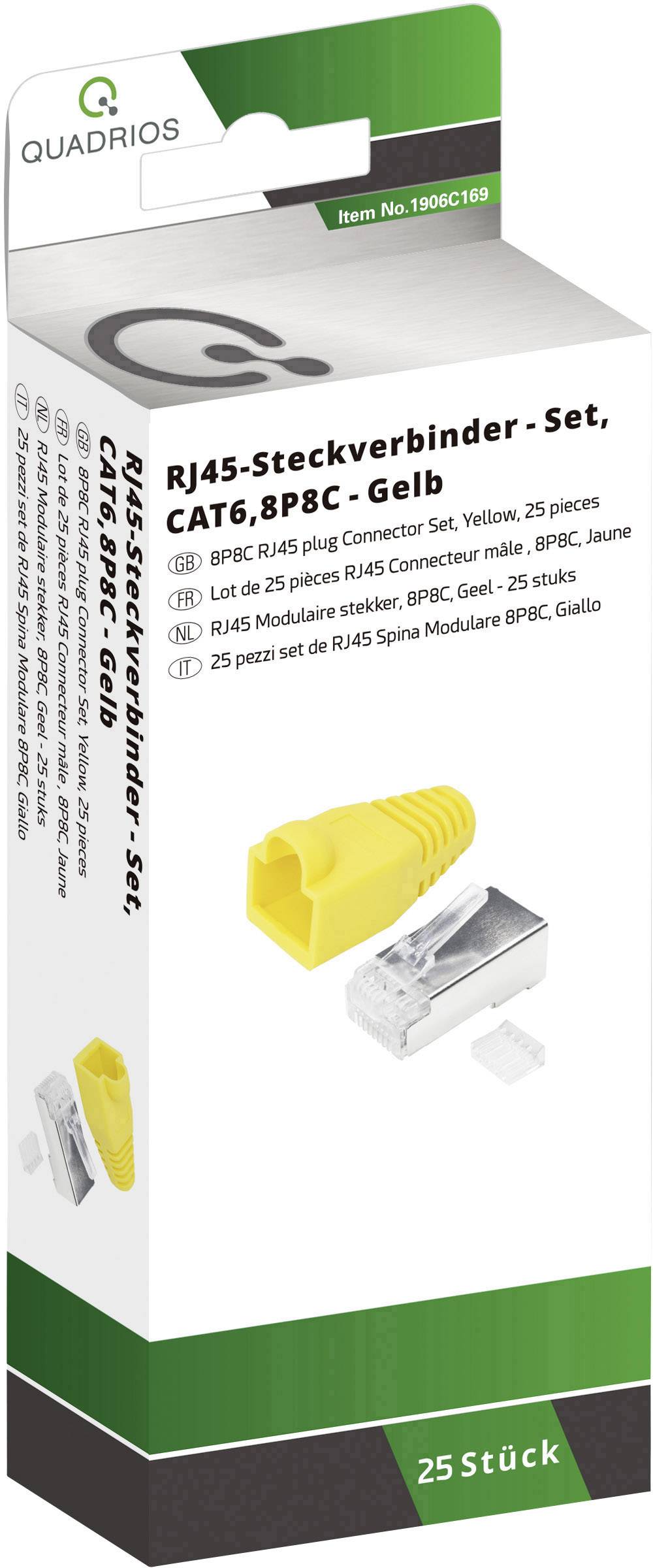 RJ45-stik-sæt i gul til CAT6, 25 stk., på hvid emballage med produktdetaljer på forskellige sprog.