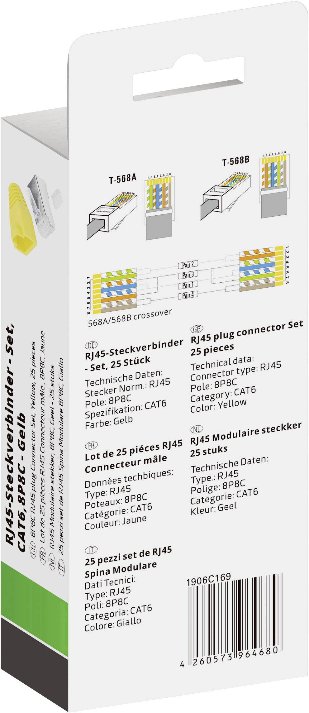 RJ45-stik-sæt til CAT6, 25 styk, farvekodede i gul. Viser skema for T-568A-/T-568B-kabling. Ideel til netværkskabling.