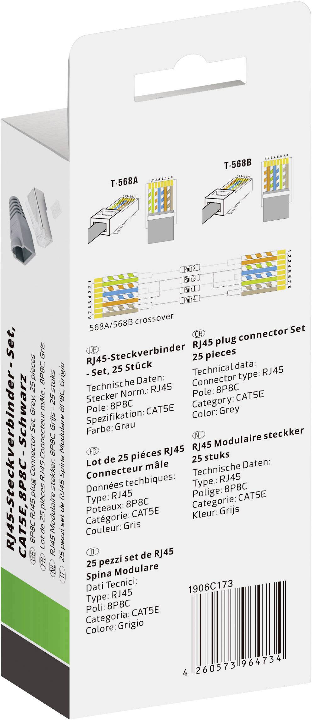 RJ45-stik-sæt, CAT5E. Emballage med illustration af stik, tekniske specifikationer og produktoplysninger på flere sprog.
