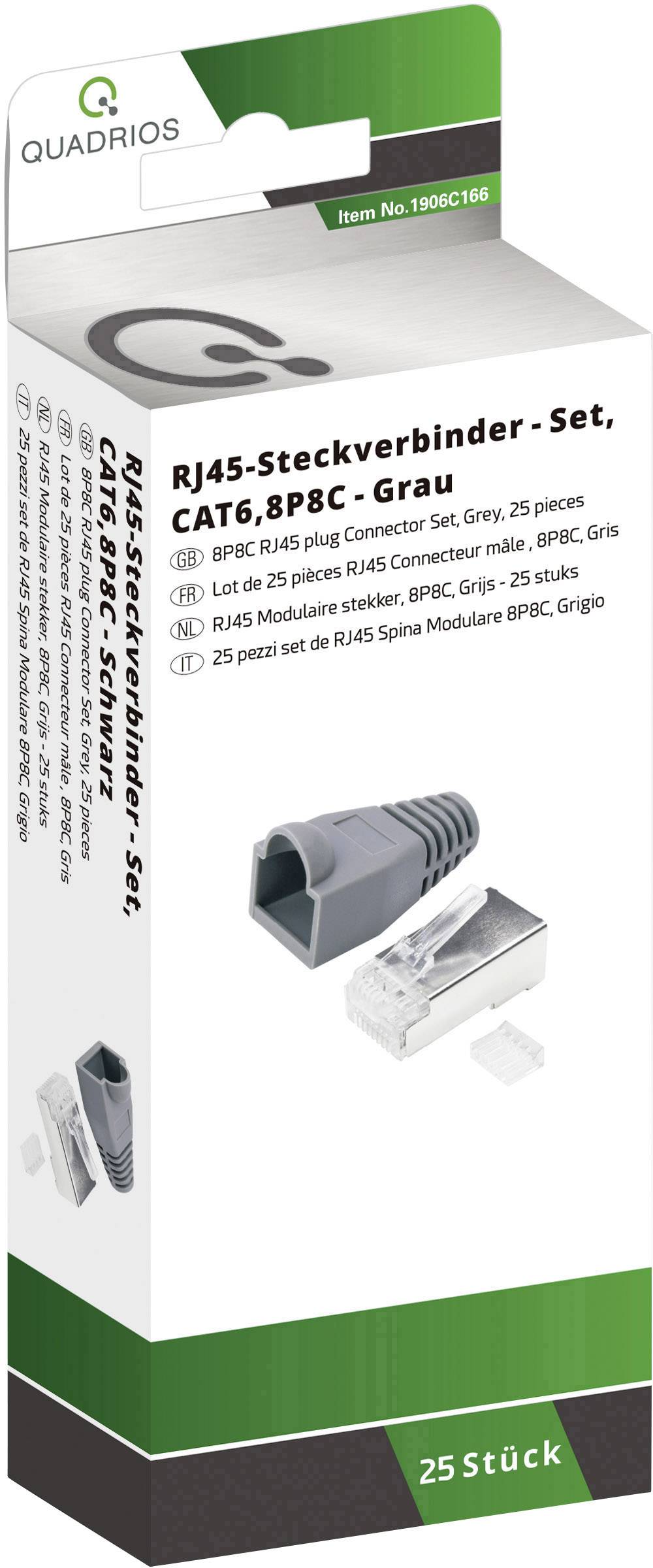Emballage til sæt af RJ45-stikforbindere, CAT6, 8P8C, grå. Indeholder 25 stykker, viser et eksempel på en grå stik og et transparent cover.