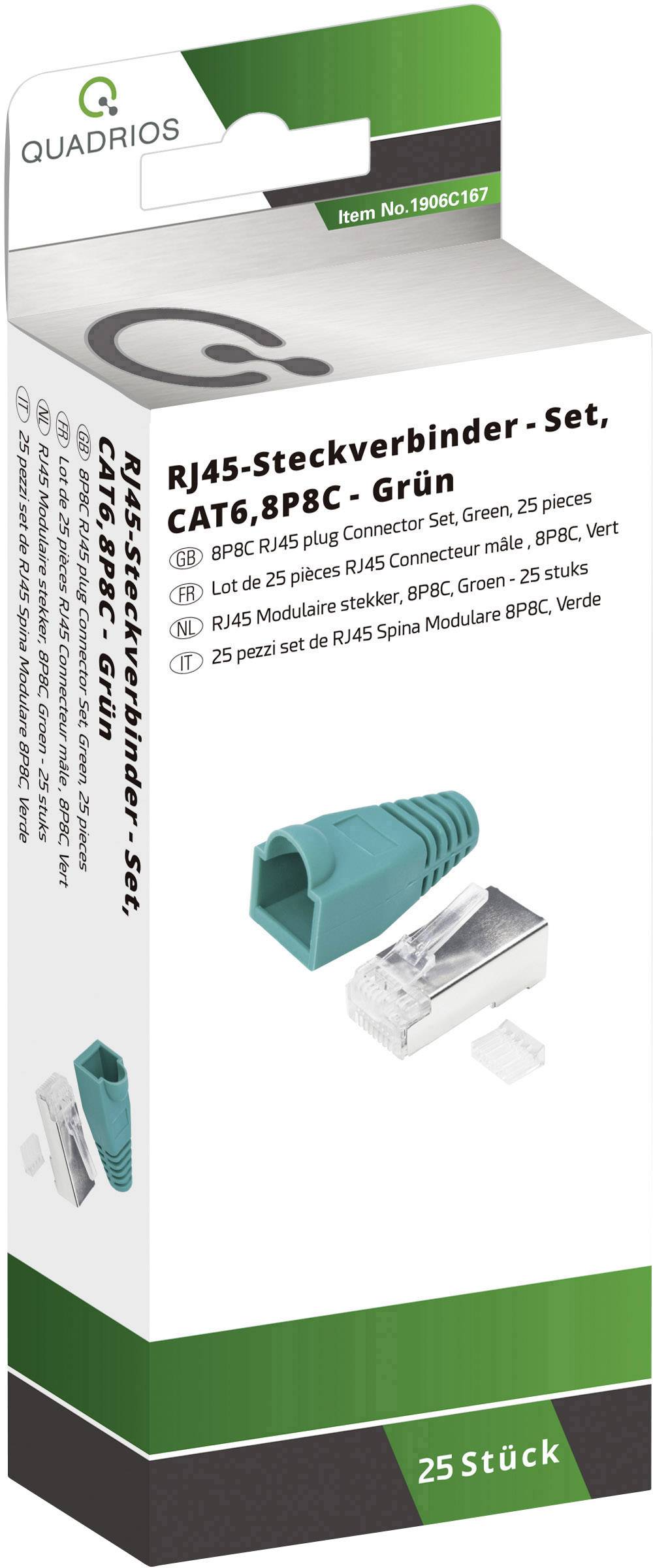 Emballage til RJ45-stikforbindelsessæt, CAT6, 8P8C, farve Grøn, 25 stk., mærke Quadrios, varenummer 190BC187.