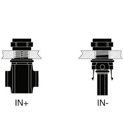 Diagram med to hydraulikventiler. Venstre ventil 'IN+', højre ventil 'IN-'. Ventilerne har forskellige interne strukturer.