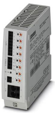 En grå, elektronisk enhed med flere tilslutninger og knapper på forsiden. Tekst og symboler på siden.