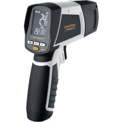 Infrarød-termometer med digitalt display, viser aktuel temperatur i grader Celsius. Håndholdt enhed med ergonomisk greb.