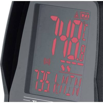 Digital visning på en enhed viser 74,8°C og 785,1 m/min. Symboler for signaler og batteriniveau er også synlige.