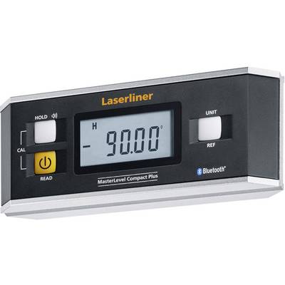 Elektronisk vinkelmåler med LCD-display, viser '-90.00°', taster til Hold- og kalibreringsfunktioner, understøtter Bluetooth.