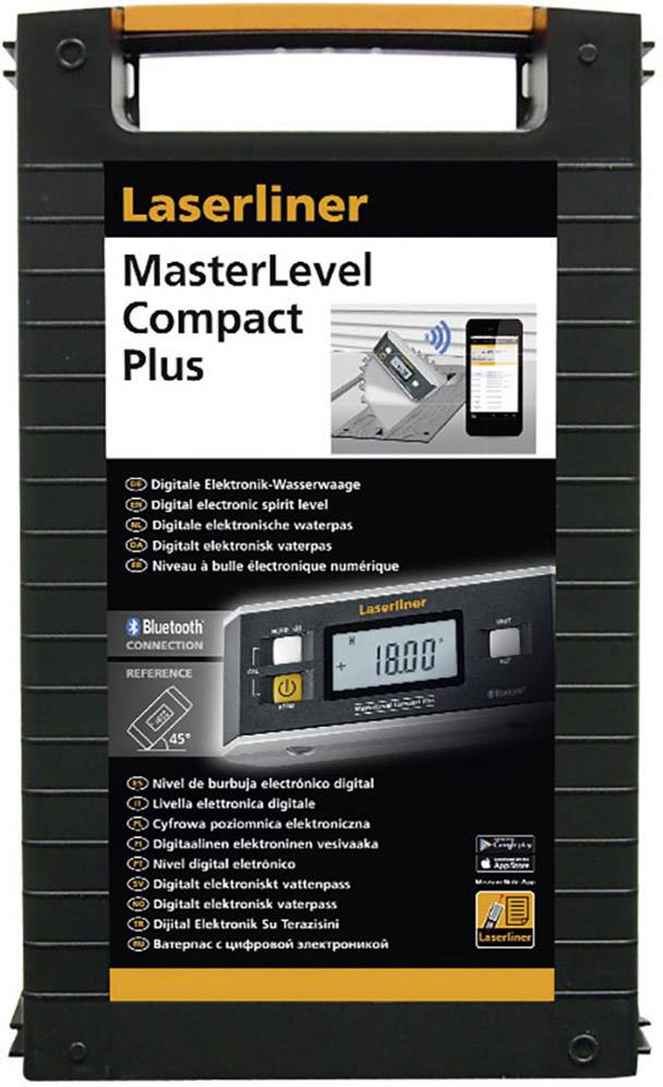 Laserliner 'MasterLevel Compact Plus' digital vaterpas med Bluetooth, smartphone-tilslutning, præcis målevisning.