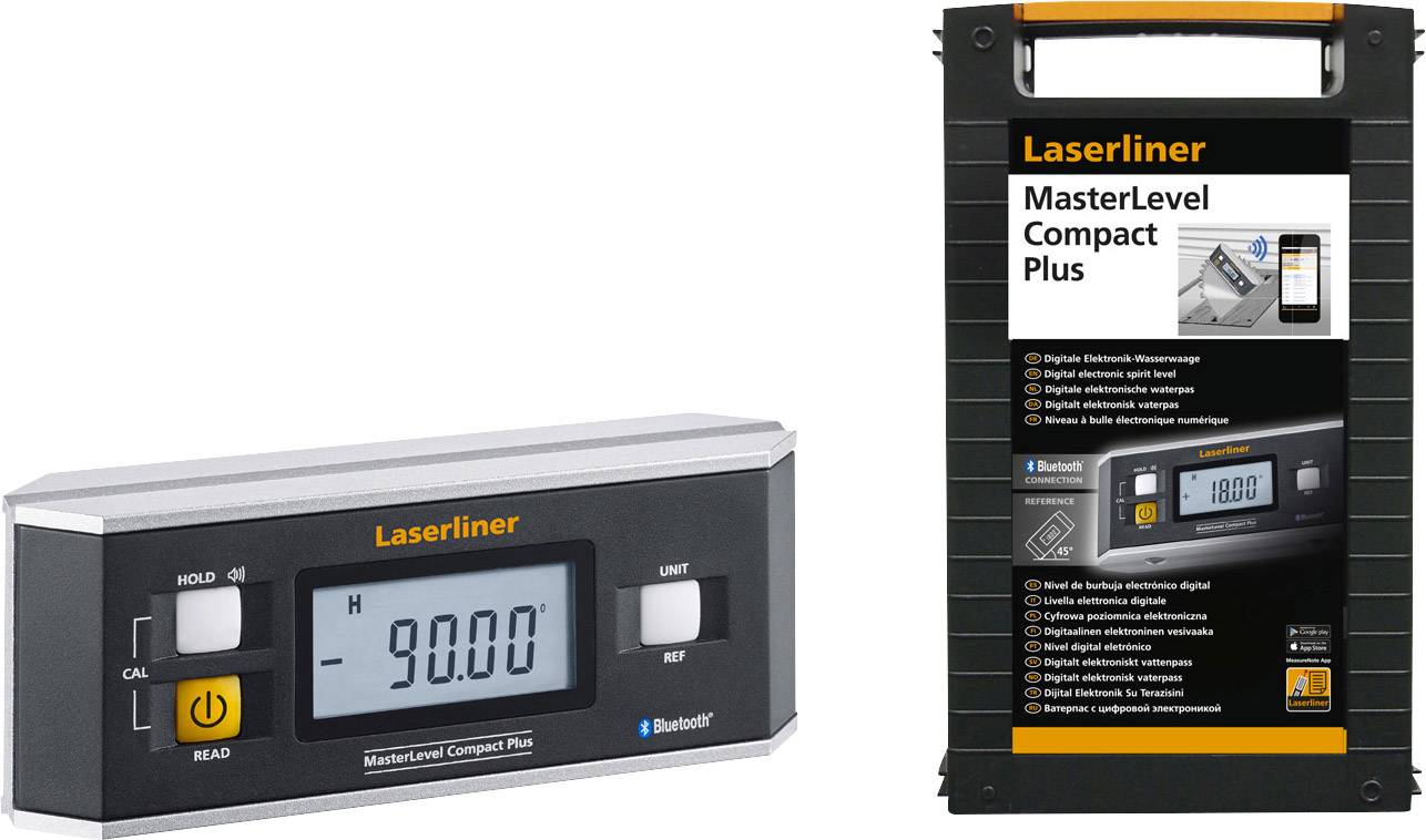 Digitalt vinkelmåleinstrument 'Laserliner MasterLevel Compact Plus' viser en måleværdi på -90,00° på displayet.