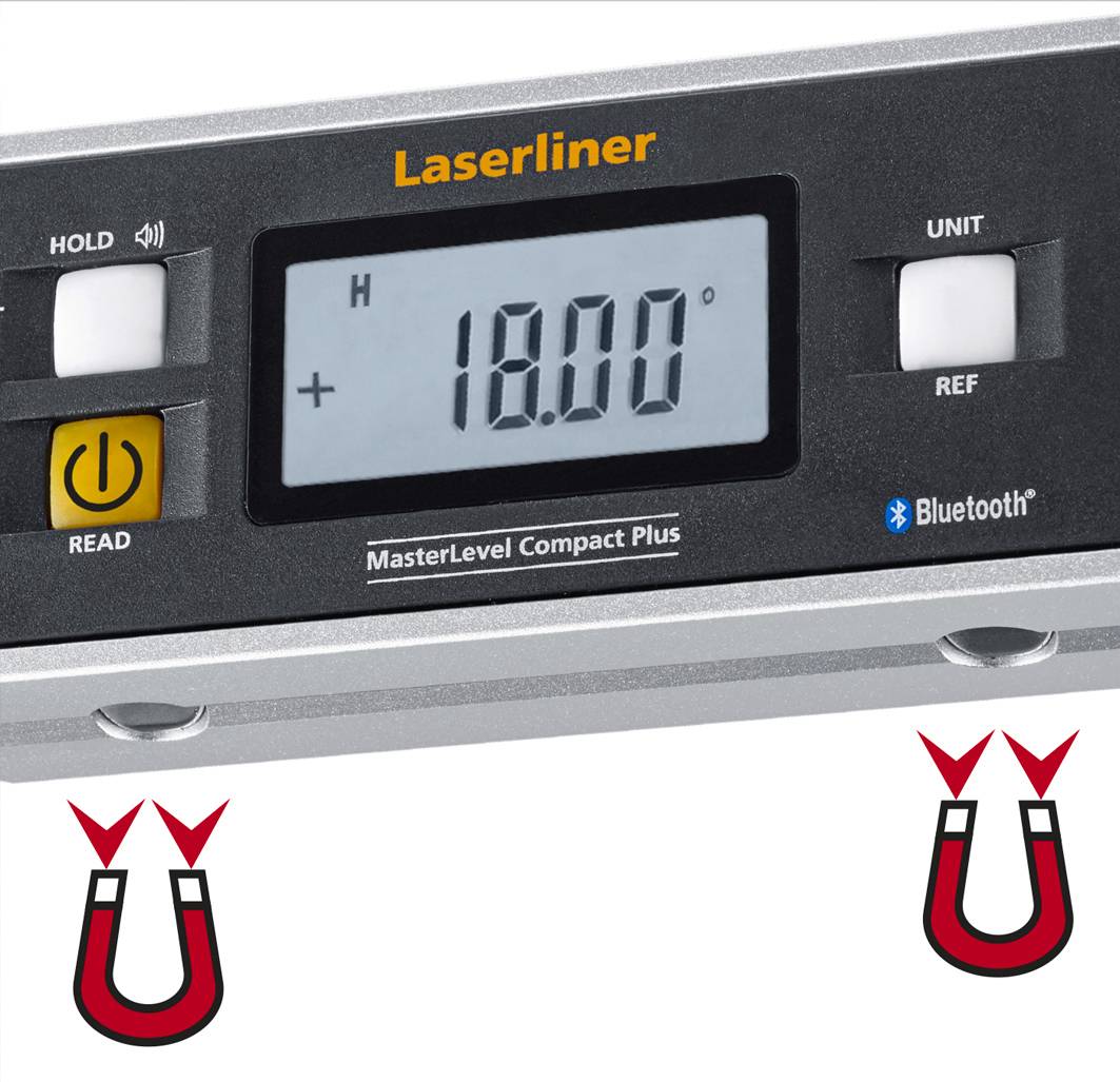 Laserliner MasterLevel Compact Plus digitalt vinkelmåleinstrument, viser 18,00 grader. Magnet-symboler til fastgørelse på metaloverflader.