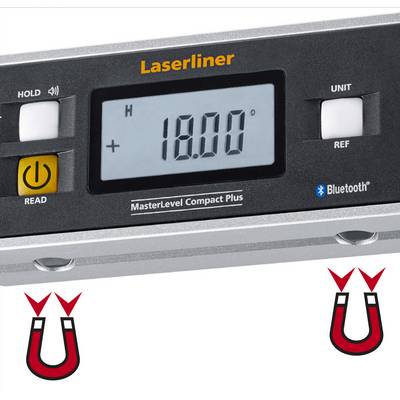 Laserliner MasterLevel Compact Plus digitalt vinkelmåleinstrument, viser 18,00 grader. Magnet-symboler til fastgørelse på metaloverflader.