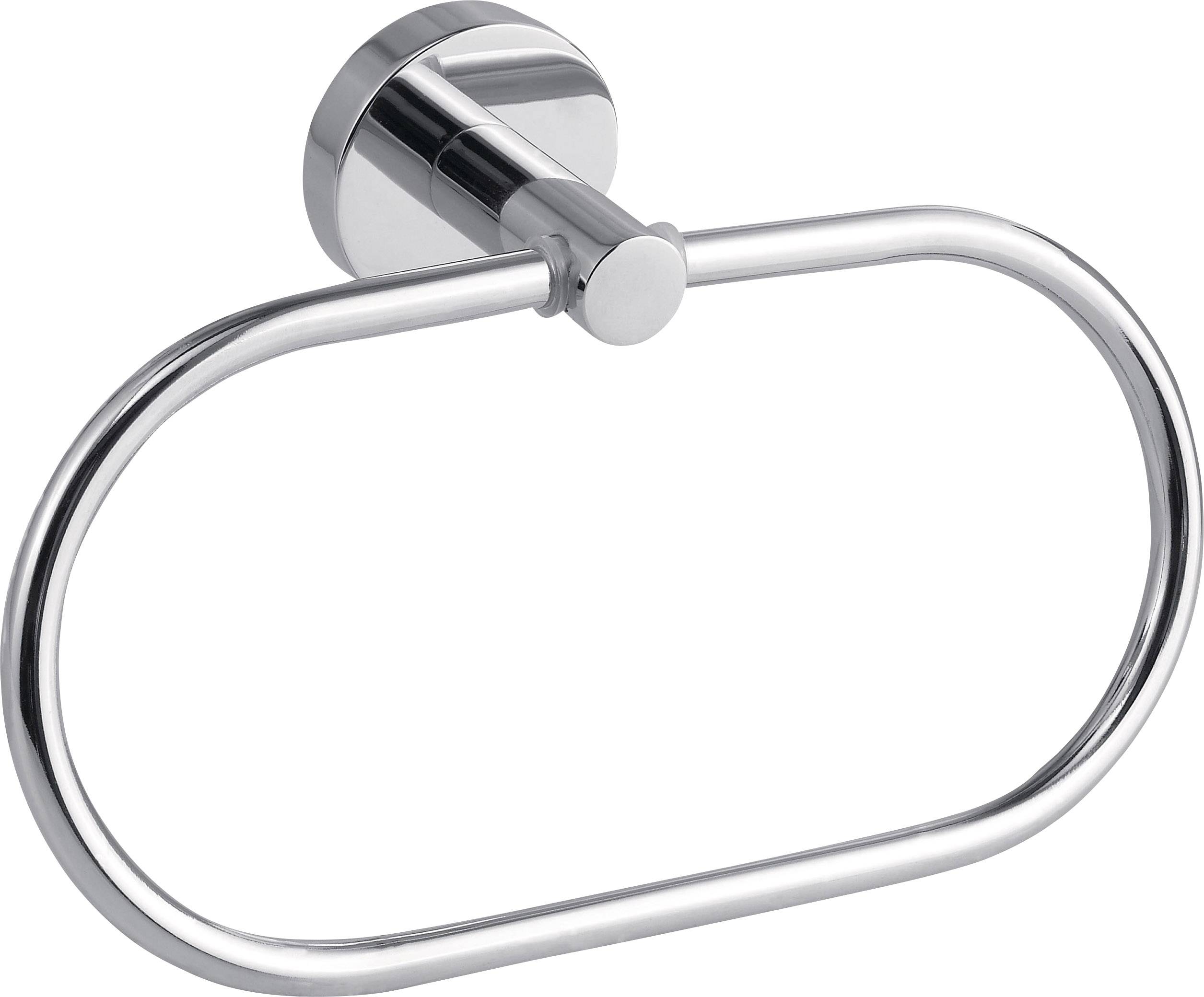 Metalbøjle til håndklæder i oval form monteret på væggen. Blank overflade, velegnet til brug i badeværelset eller køkkenet.
