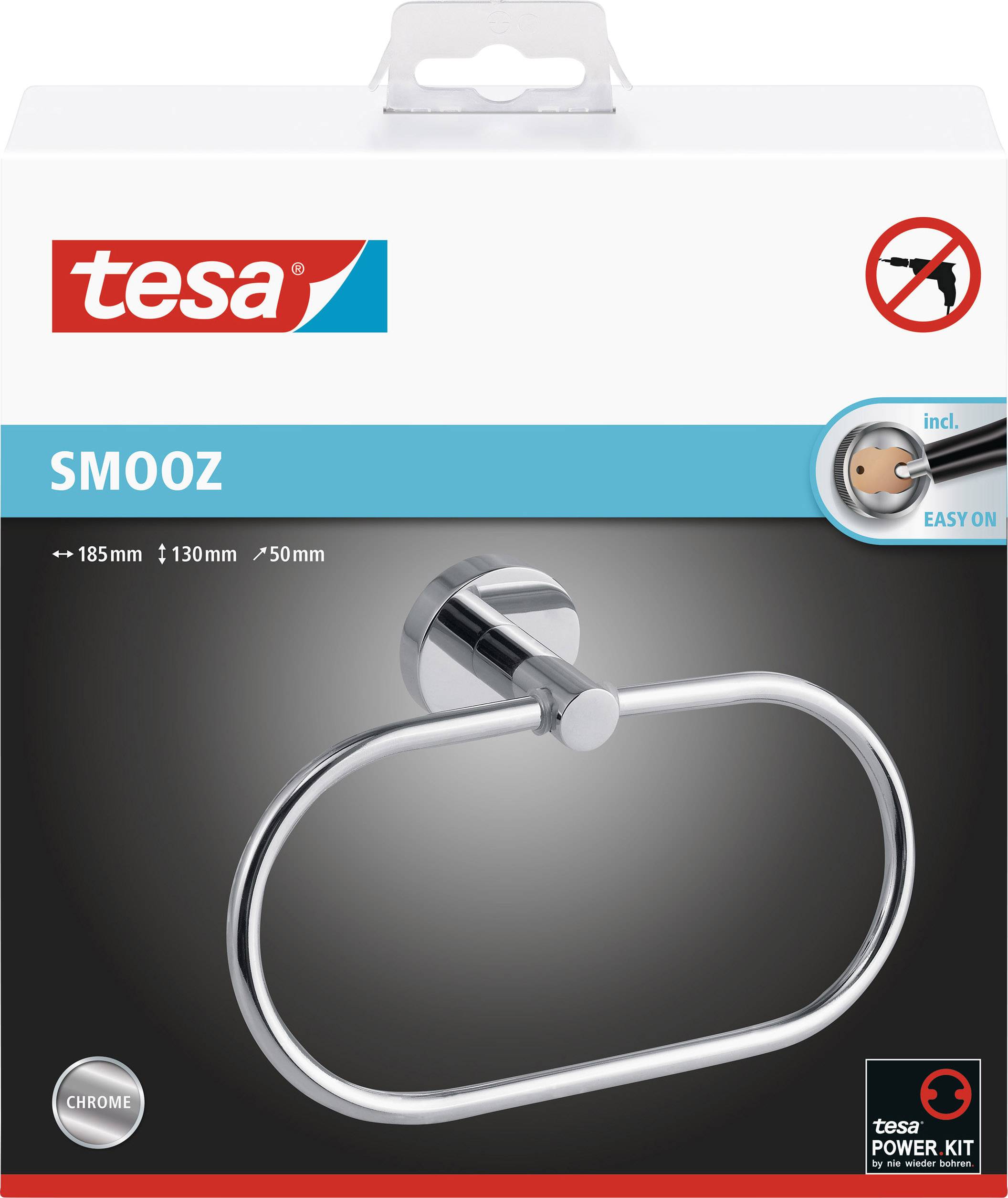 Emballagen viser en forkromet håndklædeholder fra mærket tesa, model SMOOZ, med målene 185 x 130 x 50 mm.