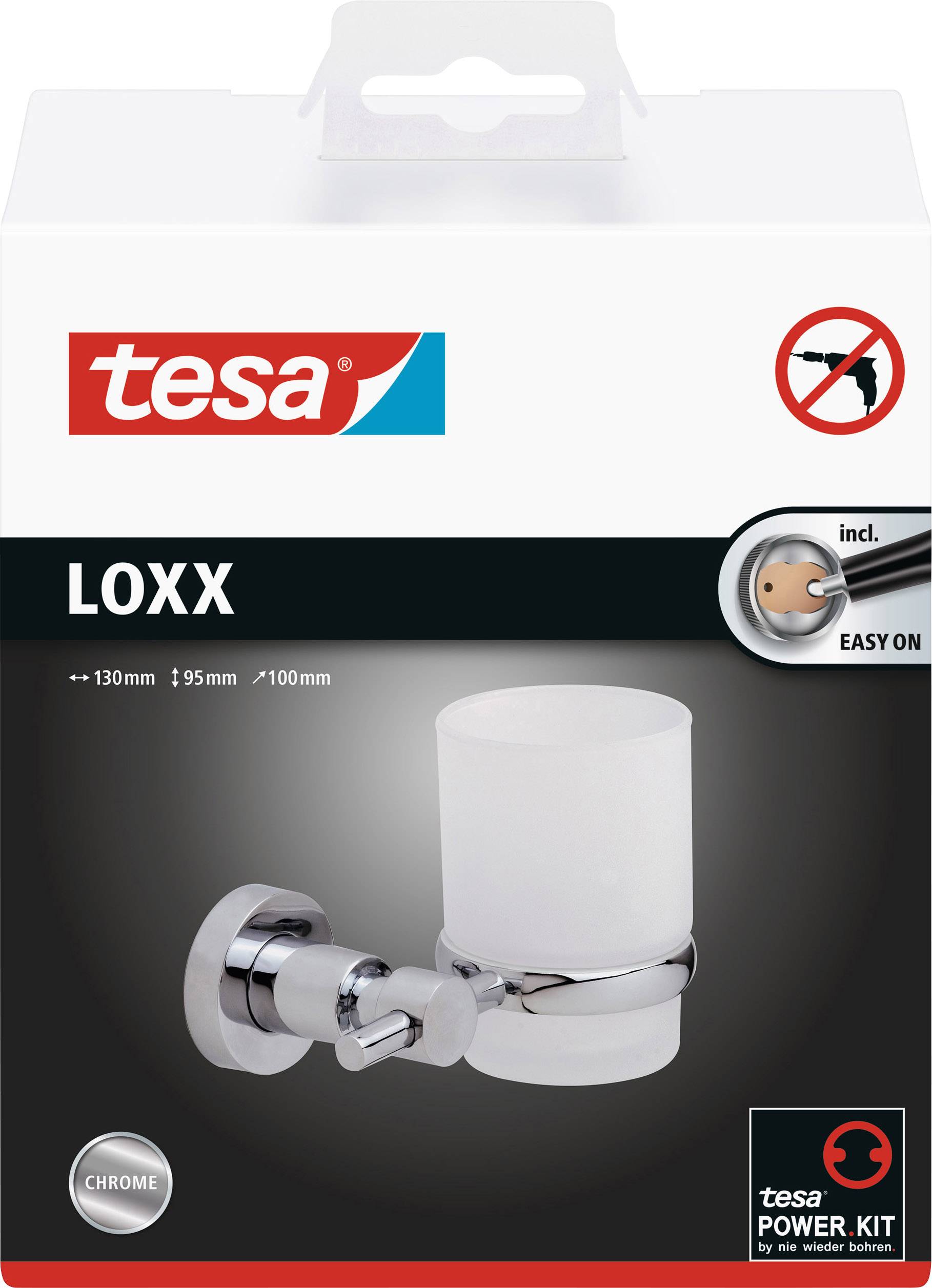 Produktemballage til Tesa LOXX, en krom vægkopholder. Indeholder Easy On-monteringssystem uden boring.