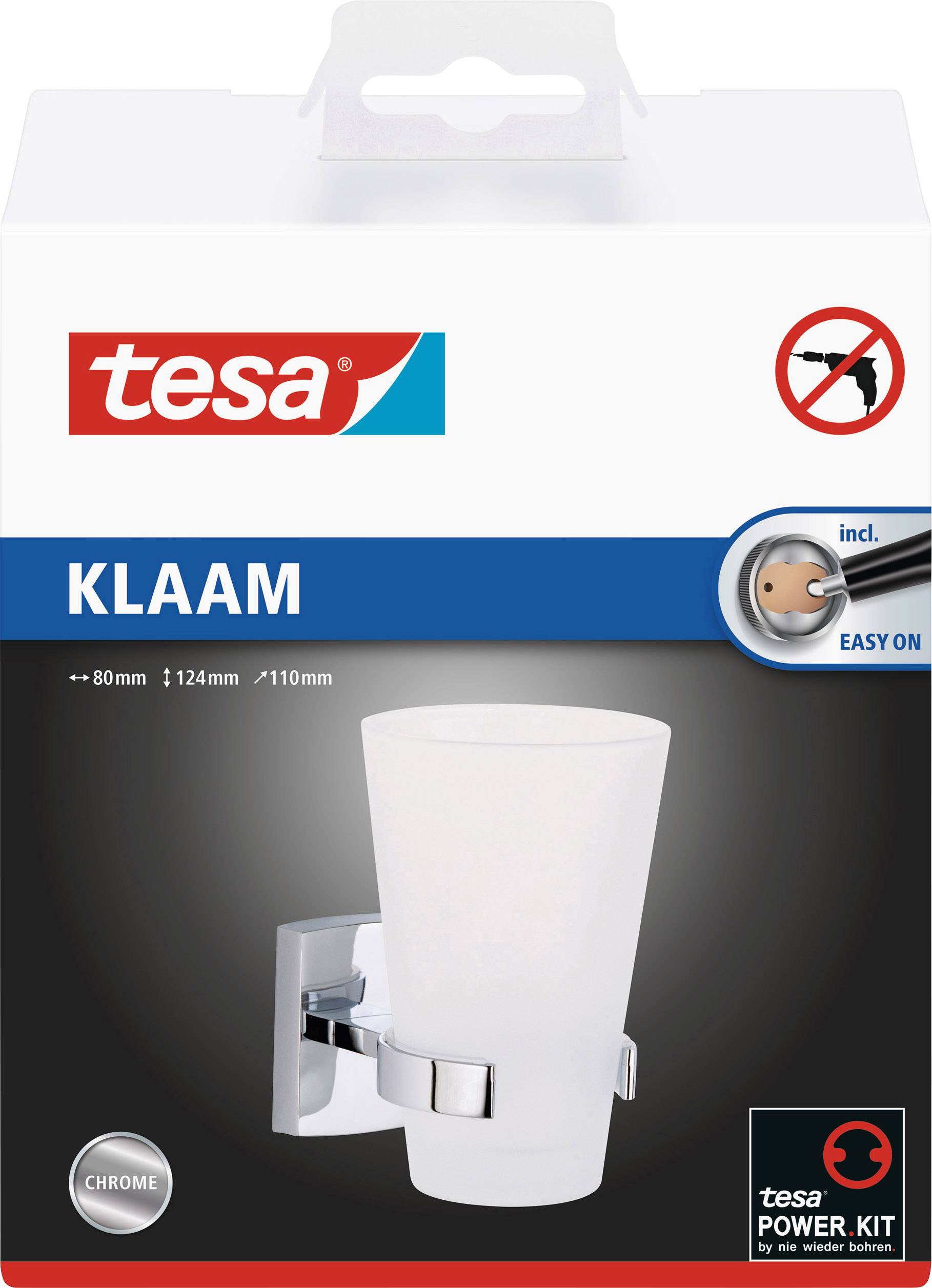 tesa KLAAM tandbørstekopholder-sæt, inklusiv monteringssæt, nem montering uden boring, krom med satineret overflade.