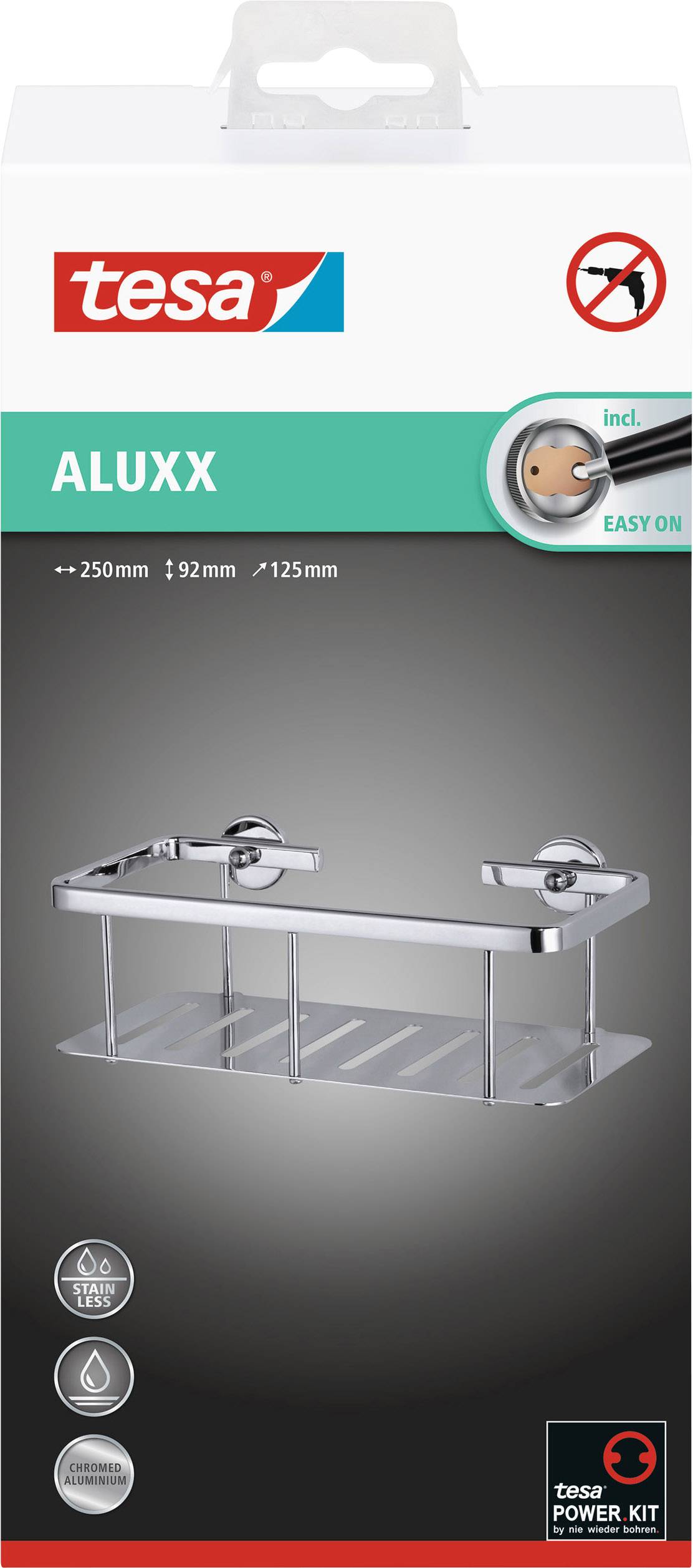 Emballage til et vægmonteret hyldemodul fra mærket 'tesa ALUXX'. Indeholder billede af hylden, mål: 250mm x 92mm x 125mm, samt monteringsvejledning.