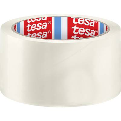Gennemsigtigt tape på en rulle; indeni står 'tesa' på en rød baggrund. Velegnet til pakning og forsegling.