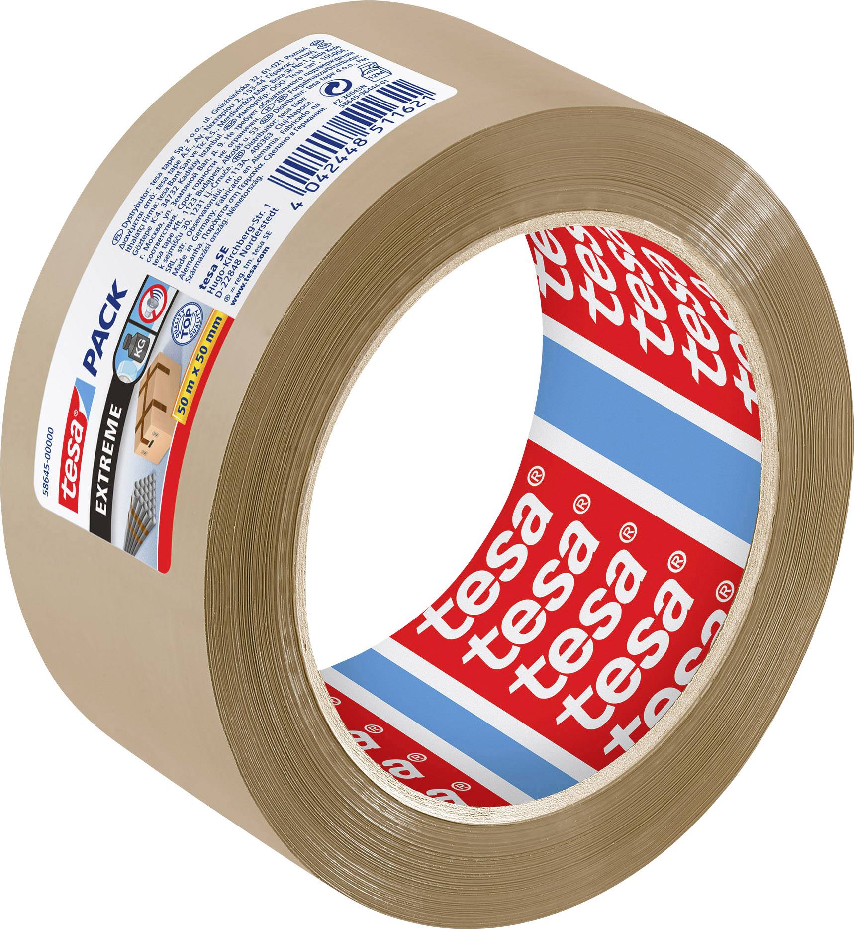 Brun pakketape fra mærket tesa, med en etiket der viser styrke og holdbarhed. Påtrykt 'EKSTRA STÆRK'.