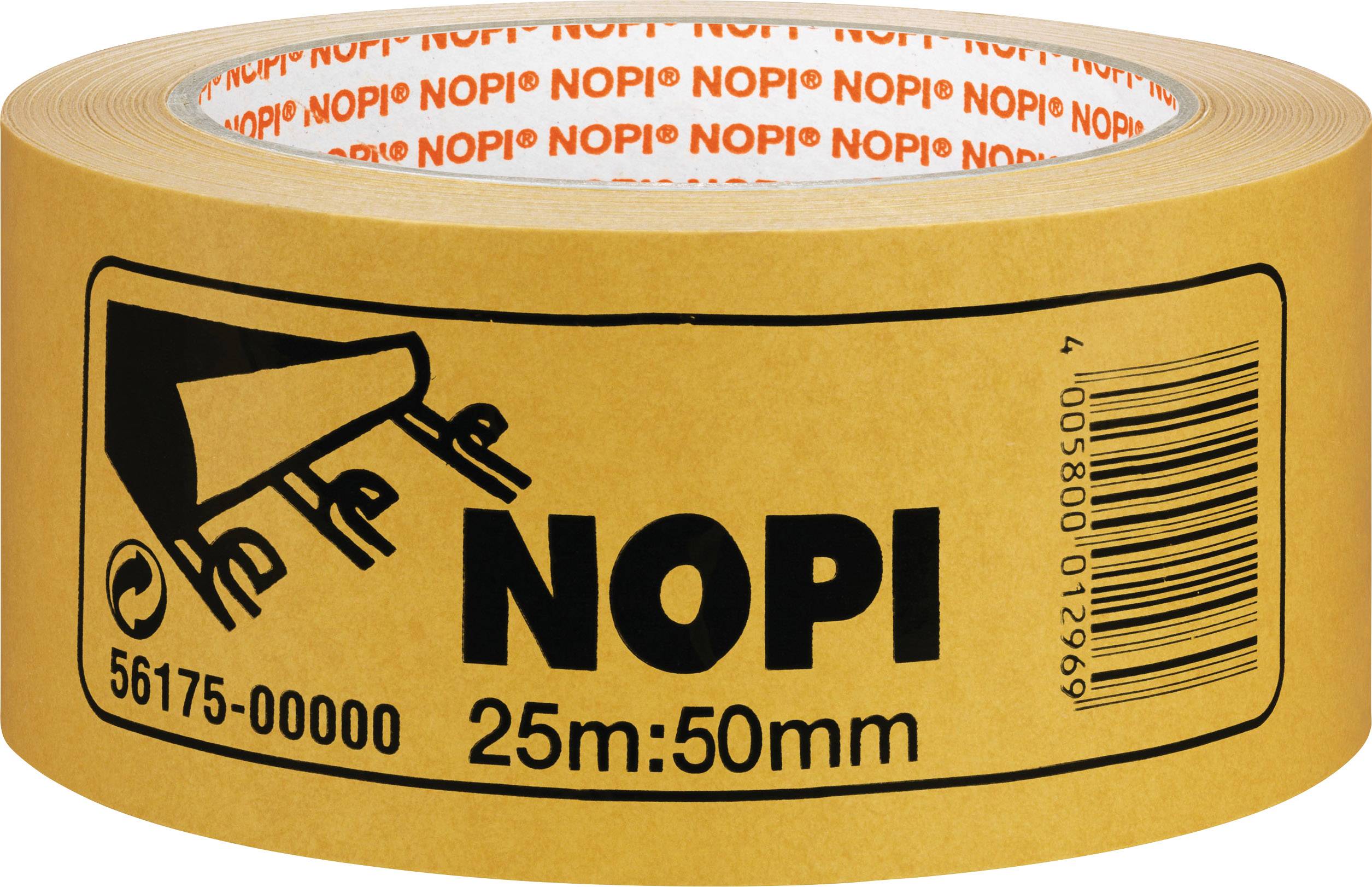 En rulle brun pakketape fra mærket 'NOPI', 25m lang og 50mm bred, med stregkode og producentkode 56175-00000.