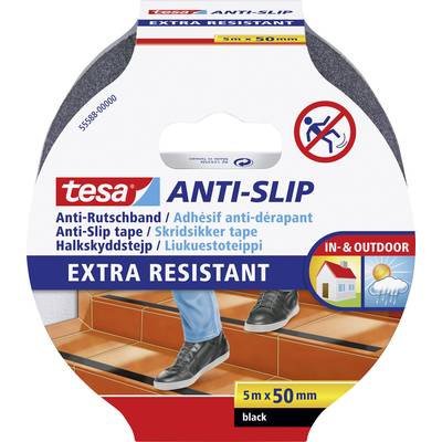Tesa Anti-Slip Tape, 5 m x 50 mm, sort, ekstra modstandsdygtig. Vist på billede: Sko på en trappe, egnet til inden- og udendørs brug.