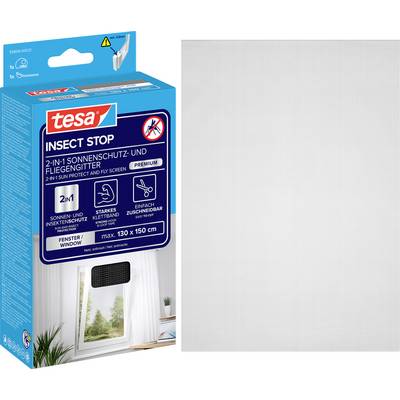 Pakke til 'tesa Insect Stop' 2-in-1 solbeskyttelse og fluegardin, vist med et hvidt maskegardinpanel.