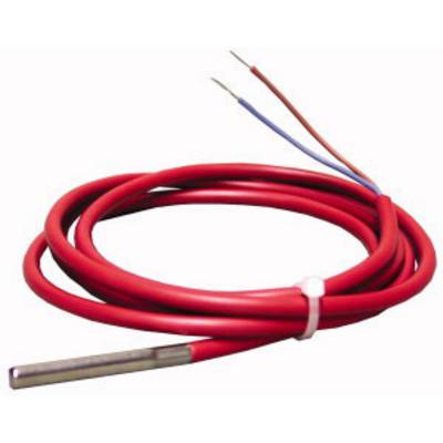 Rødt termokabel med metalprobe, samlet og klar til brug. To blottede ledninger, en blå og en rød, er synlige ved den ene ende.