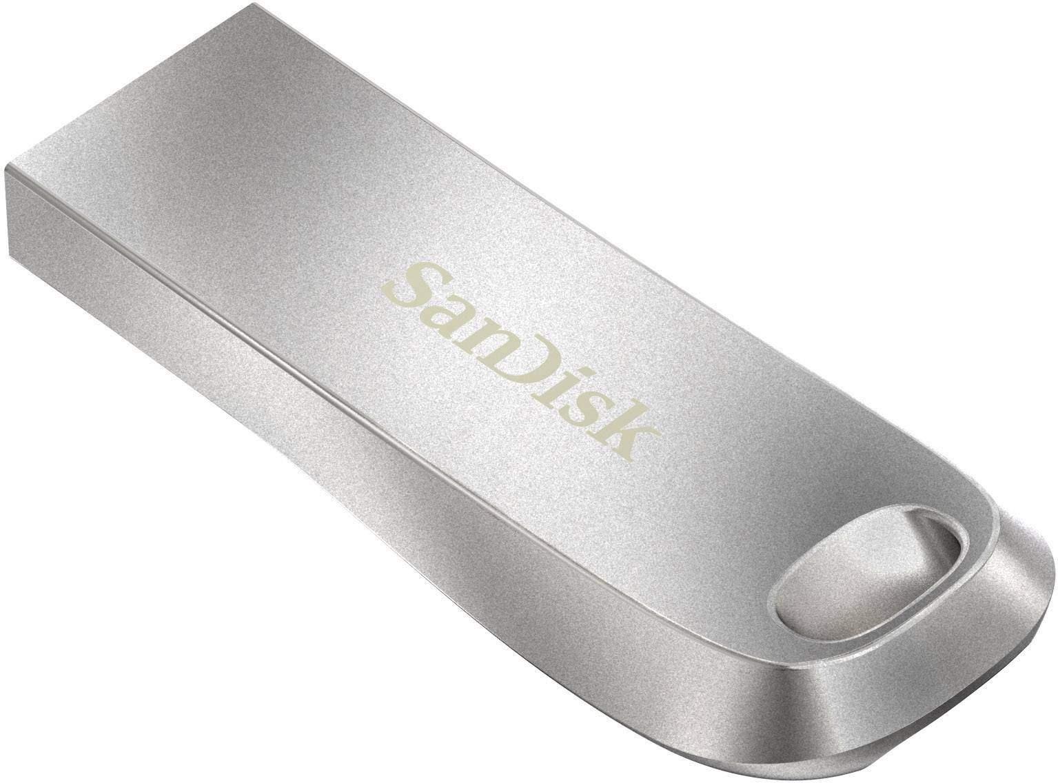 SanDisk USB-stik i sølv, kompakt og elegant udformet, med et lille hul til nøglering i den ene ende.