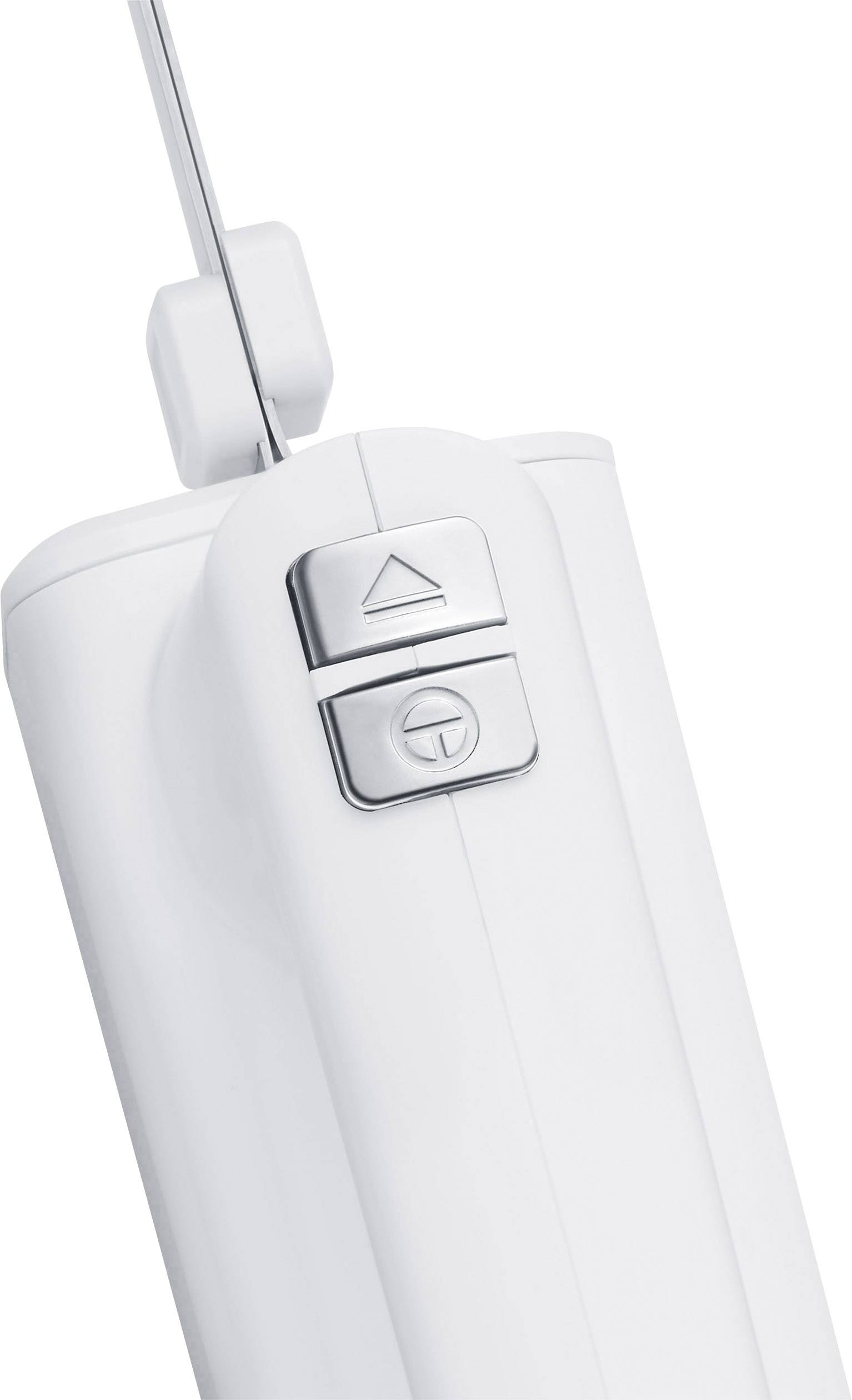 Hvid elektrisk vindues-persienne-controller med to sølvfarvede knapper til styring af persiennens position.