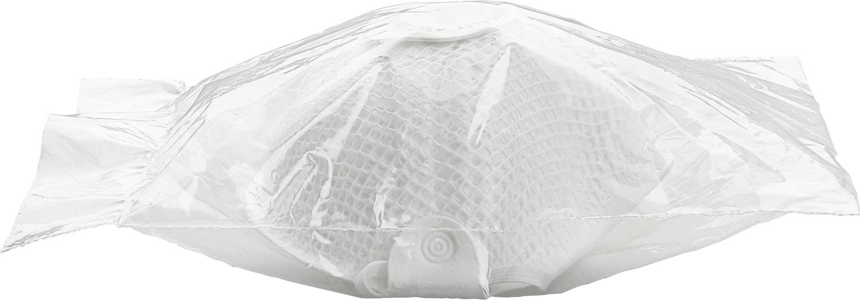 En vakuumpakket hvid åndedrætsmaske med ventil, indpakket i gennemsigtigt plastik, ligger fladt på en overflade.