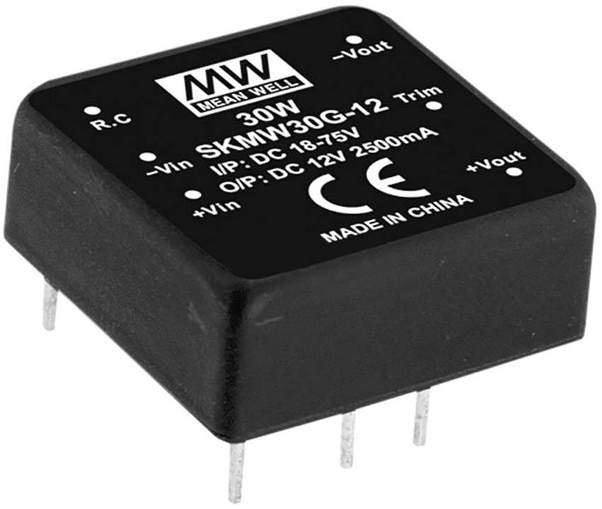 Sort DC-DC-konverter med påskriften 'MEAN WELL', model SKMW30G-12, indgangsområde 18-75V og udgang 12V, 2500mA.