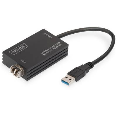 En sort netværksadapter med USB 3.0-stik og SFP-port til fiberoptiske forbindelser, mærke 'DIGITUS'.