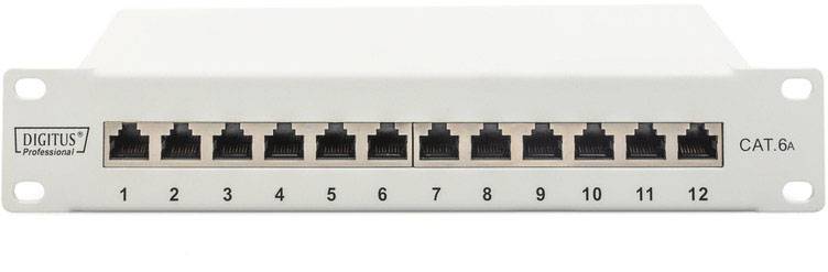 Et hvidt patchpanel med tolv nummererede Ethernet-porte, mærket som 'DIGITUS Professional CAT.6A'.