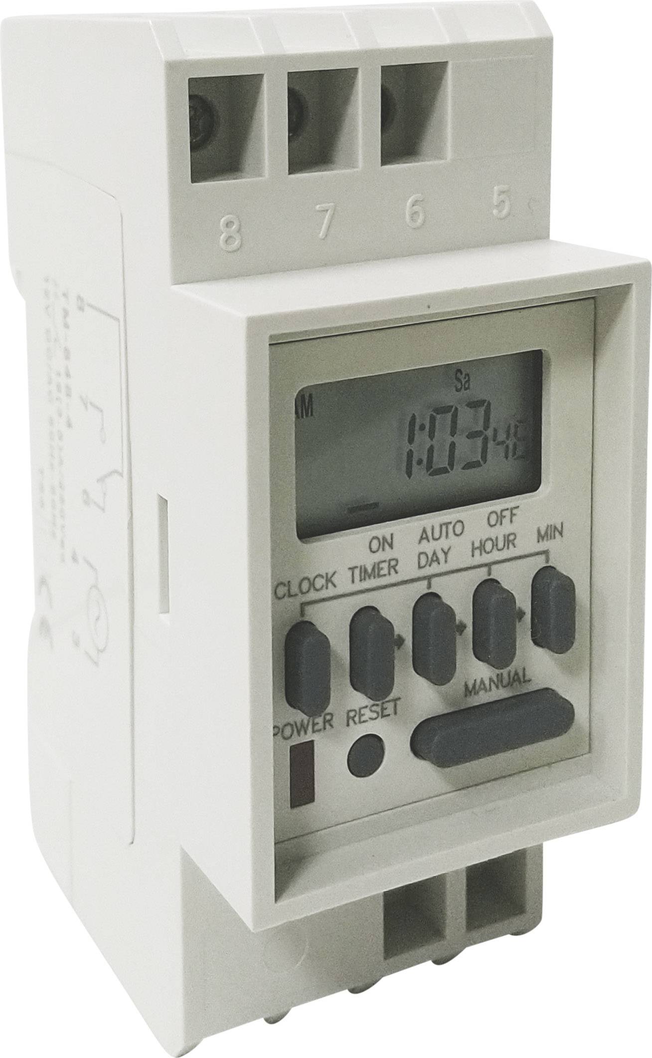 Elektronisk tidsur med digitalt display og taster til indstilling af klokkeslæt, timer, manuel betjening og strømgenstart.