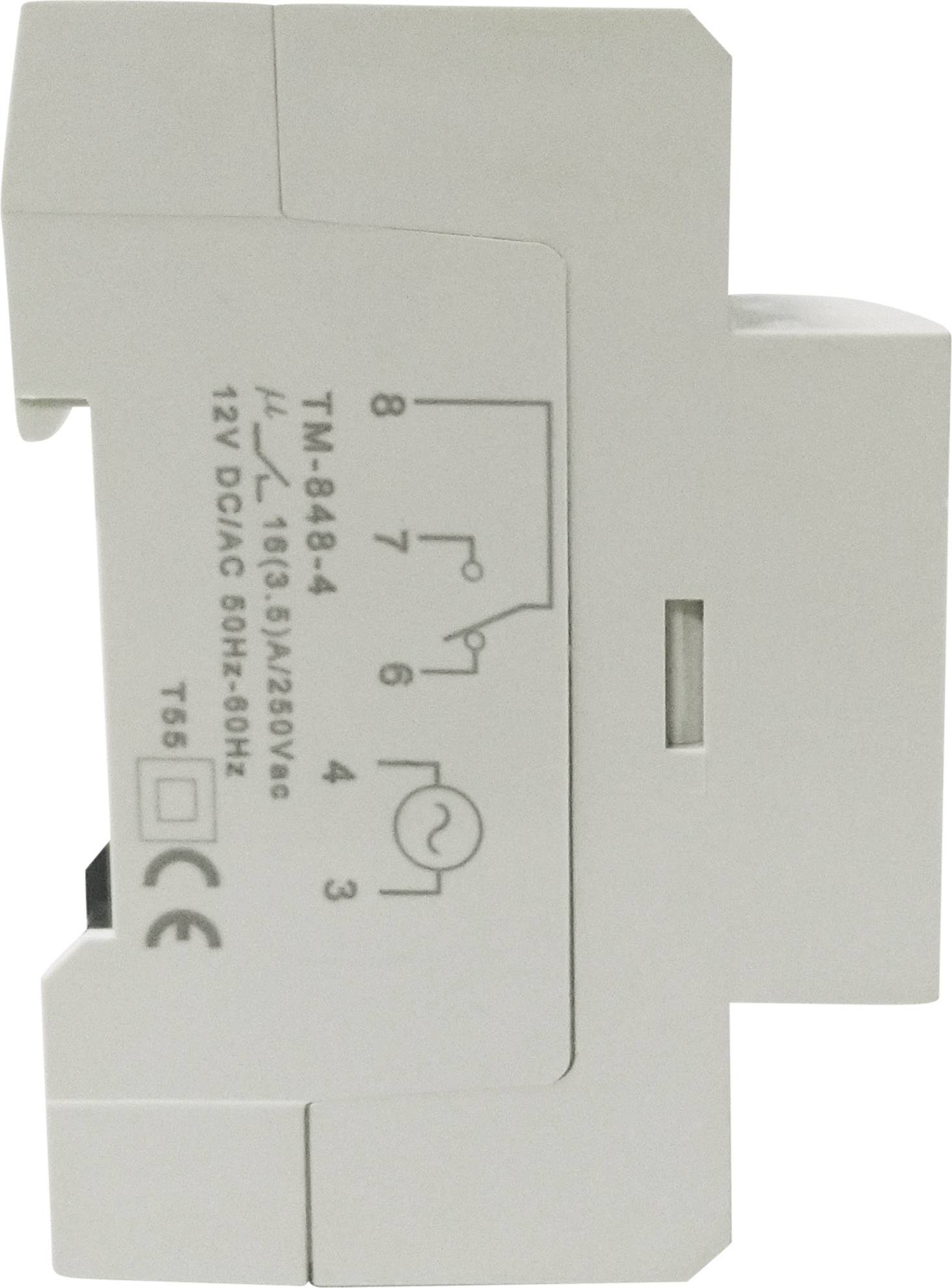 Et hvidt relæ med påtrykte tekster: TM-848-4, 16A/250VAC, 12VDC/AC, 50Hz, T56. Symboler: elektrisk kredsløb, CE-mærkning.