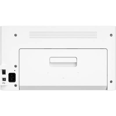 Bagsiden af en hvid printer med netstrøms- og USB-tilslutninger viser ventilationsåbninger og et dæksel til adgang til printernes indre.