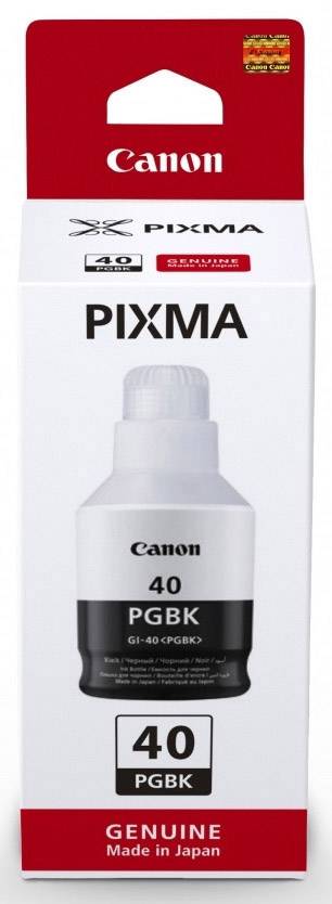 Canon PIXMA blækflaske, model 'GI-40 PGBK', sort blæk, originalprodukt, stående i hvid emballage med varemærkelogo.
