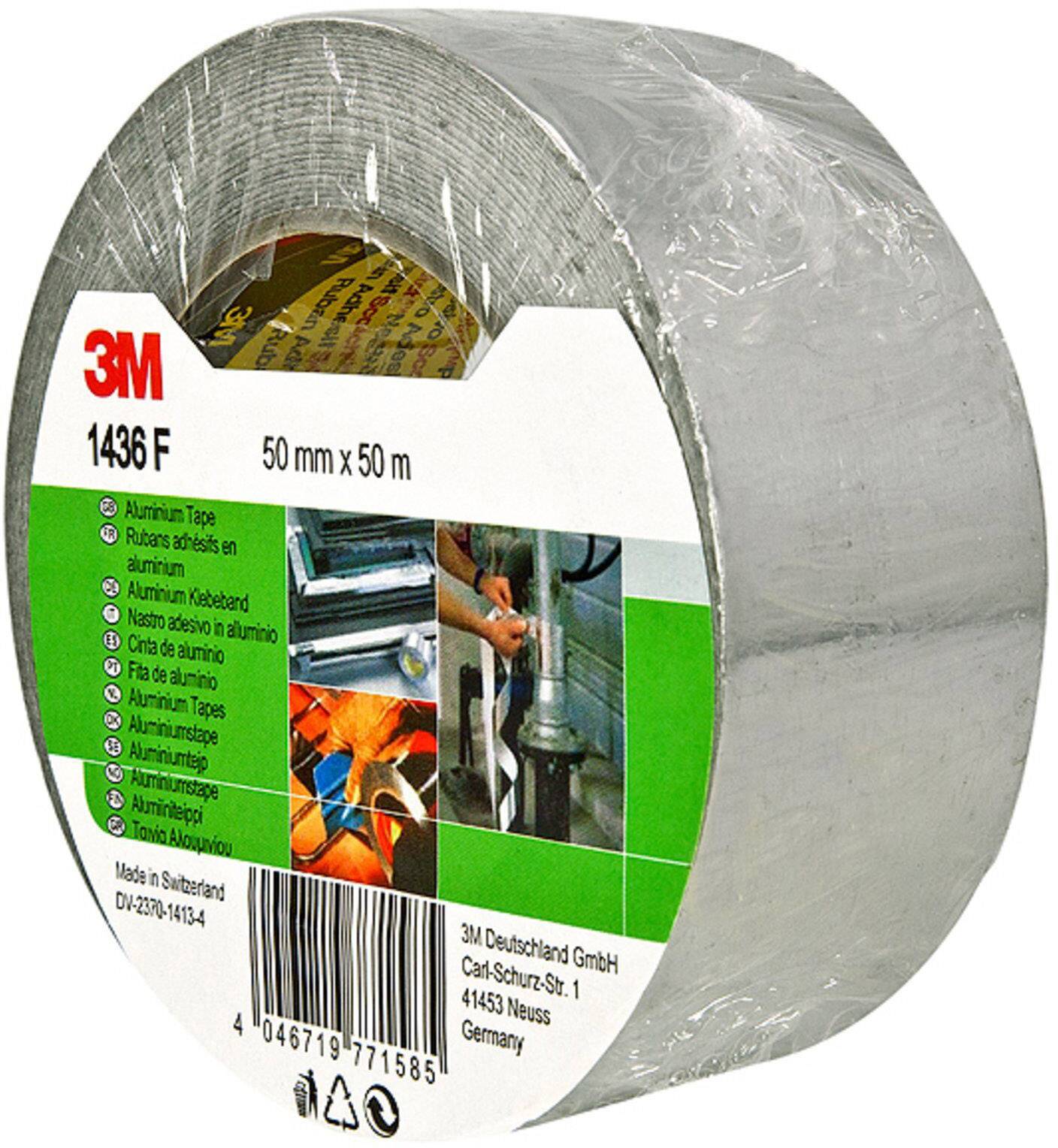 Aluminiumklæbebånd fra 3M, model 1436 F, 50 mm x 50 m. På emballagen er der billeder af anvendelser og stregkode.