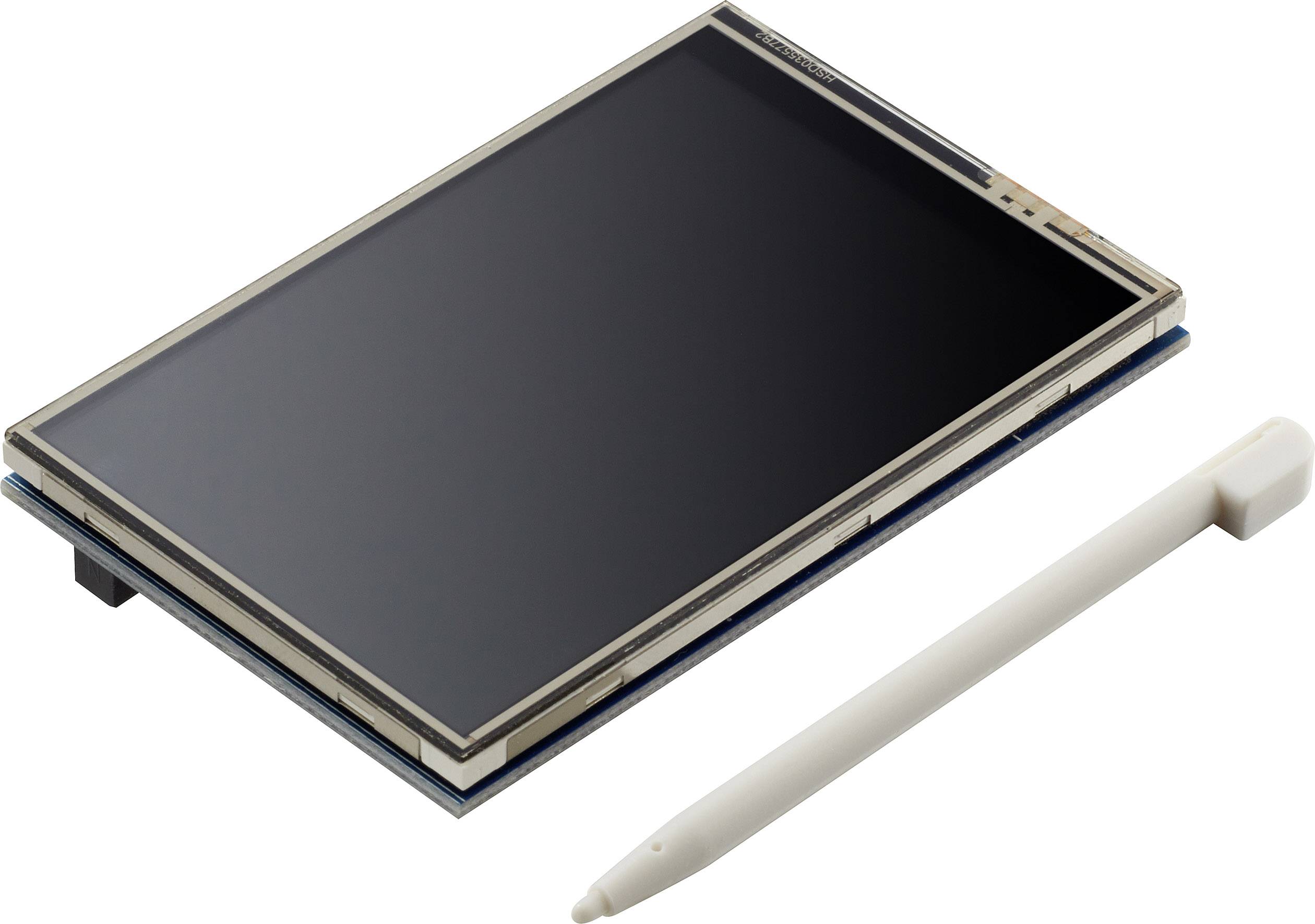 En rektangulær touchskærm med en medfølgende hvid stylus. Skærmen er sort og slukket.