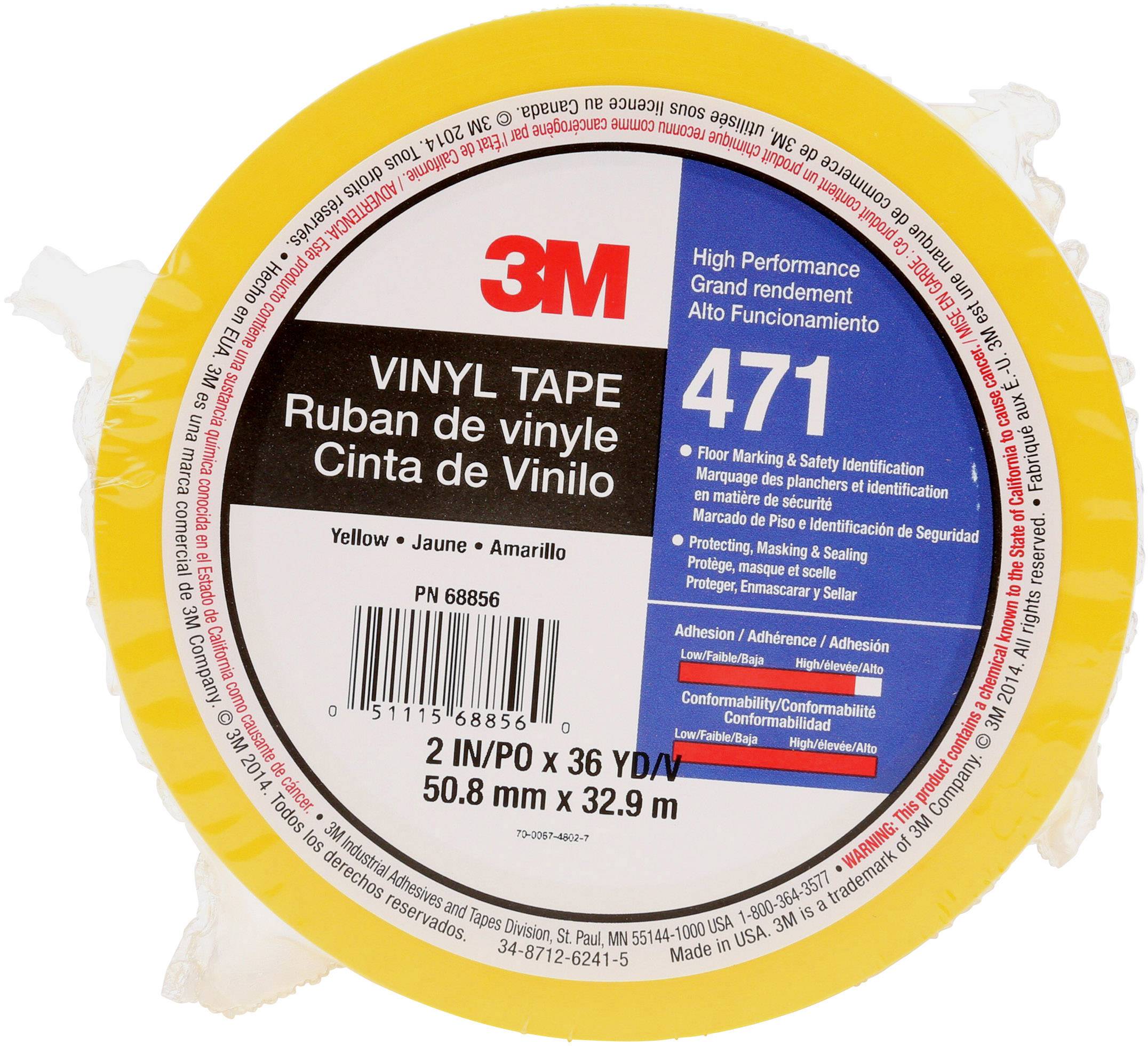 Vinyl-tape rulle fra 3M, modeltype 471, i gul farve med blå etiketmidte. Tekst på flere sprog, 50,8 mm x 32,9 m.