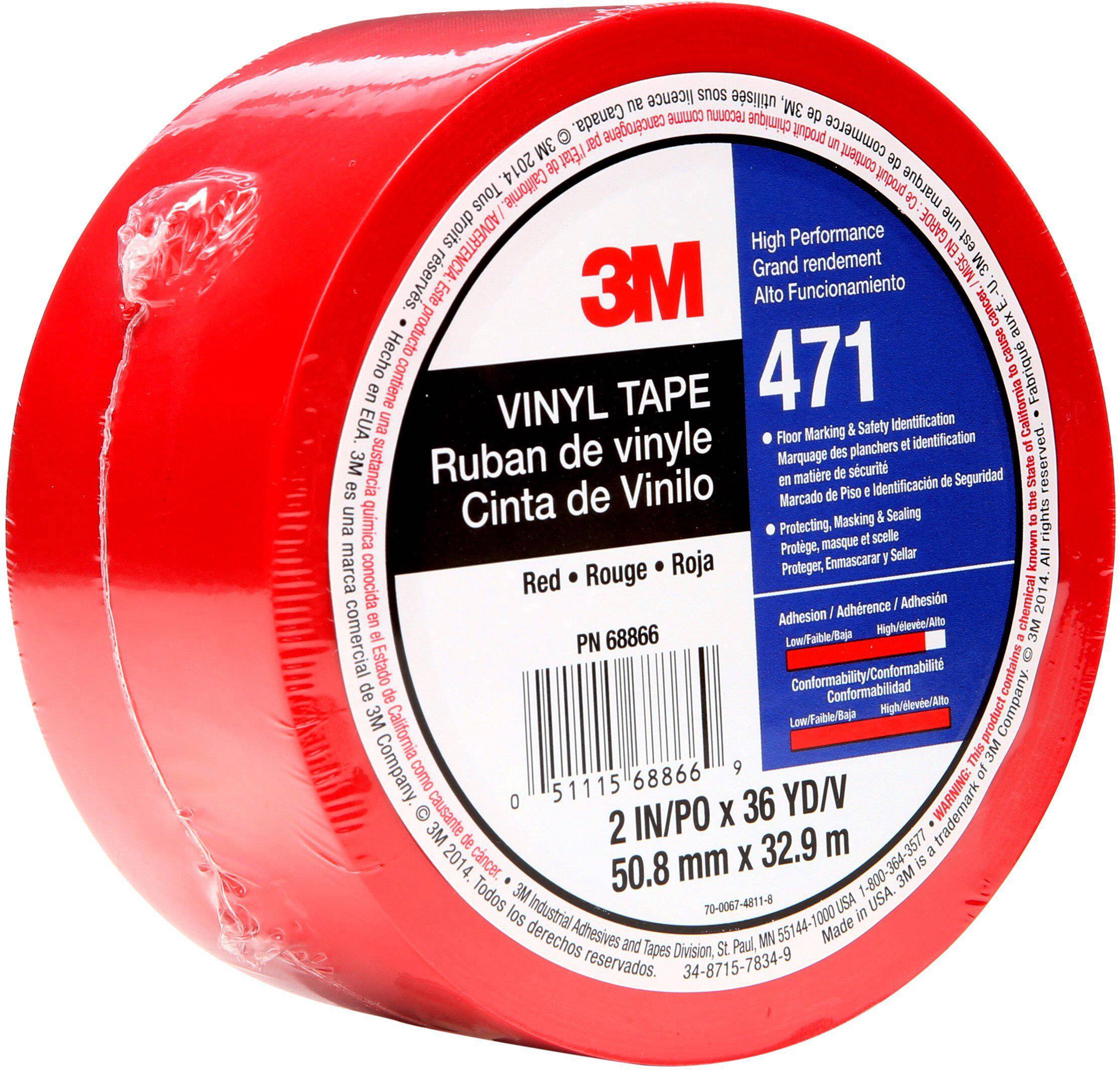 Rulle rød vinylbånd fra 3M, 2 tommer x 36 yards, til afmærkning og sikkerhedsmærkning, varenummer 471.
