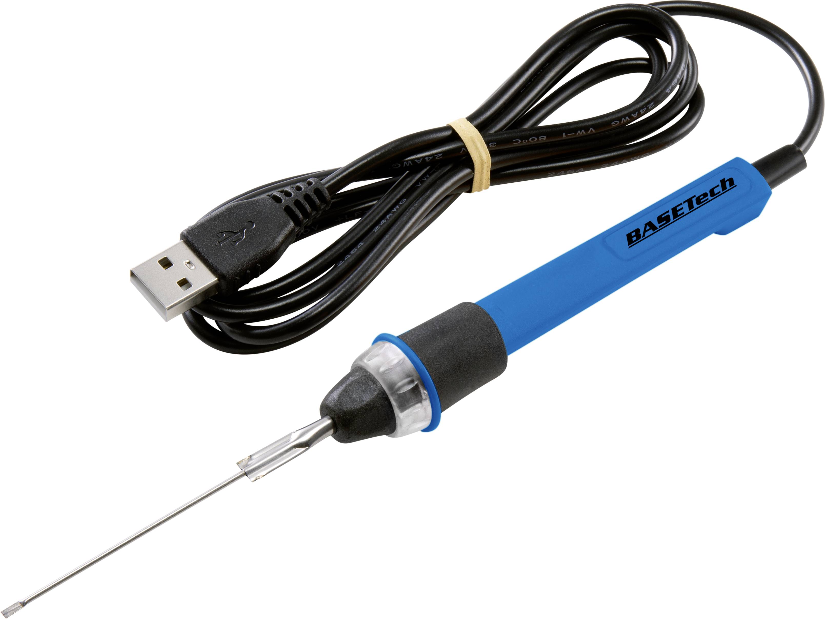 En blå loddekolbe med USB-stik, velegnet til fine lodninger, ved siden af et sort kabel med USB-stik.