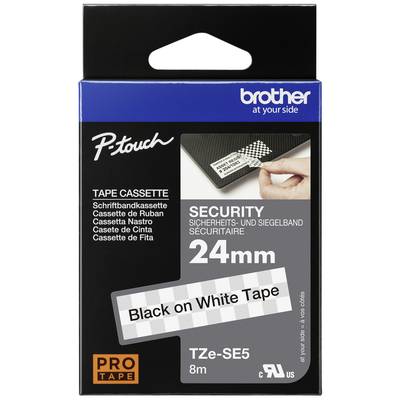 Emballage til en Brother P-touch kassette med 24mm sikkerhedsbånd. Påskrift: 'Sort på Hvid Tape'. Indeholder 8m bånd.