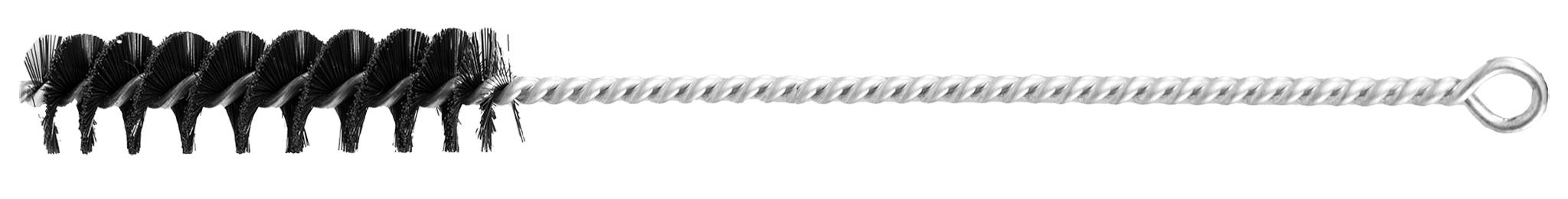 Sort børstekost med langt, snoet sølvfarvet trådhåndtag og ophængningsløkke på hvid baggrund
