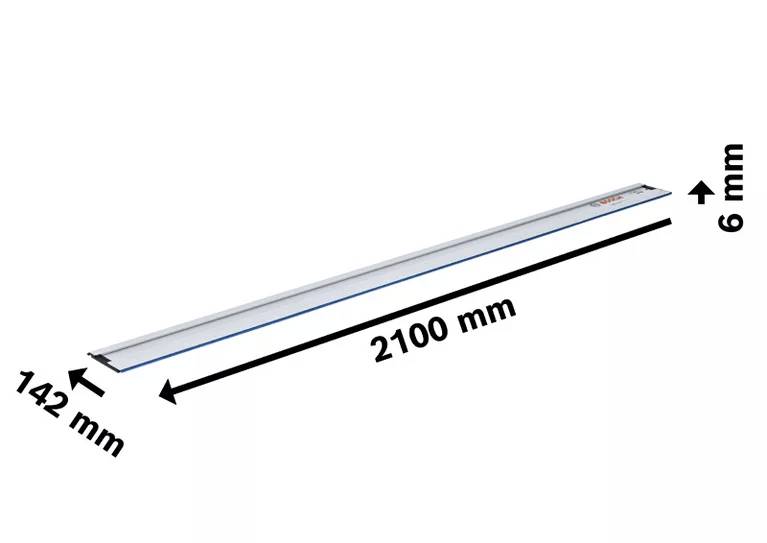 Aflang skinne med følgende dimensioner: 2100 mm lang, 142 mm bred og 6 mm høj. Den bruges tilføring eller fastgørelse.