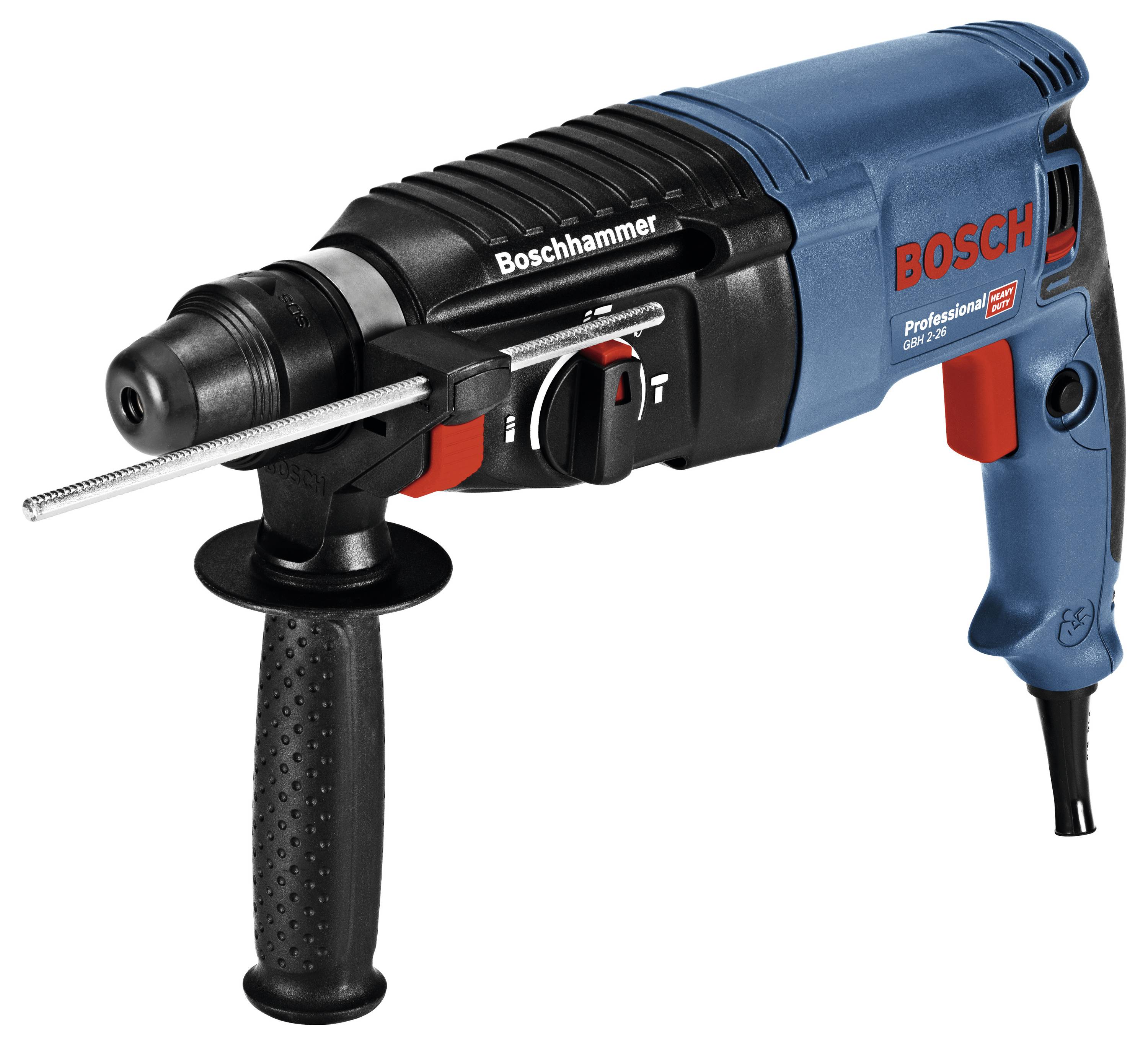 En blå Bosch-hammer ligger skråt på en hvid baggrund. Enheden har et sort håndtag og røde betjeningsknapper.