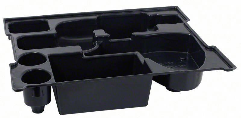 Sort plastikopbevaringsboks med flere rum og holdere, egnet til opbevaring af småting eller kontorartikler.