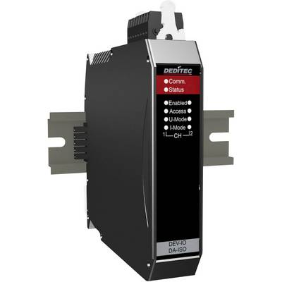 DIN-skinnemodul fra DEDITEC med LED-statusvisning. Viser kommunikations- og driftsstatus med aktiverede og deaktiverede tilstande.